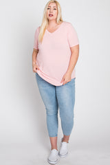 Light Pink V-Neck Round Hem Plus Top