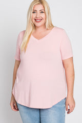 Light Pink V-Neck Round Hem Plus Top