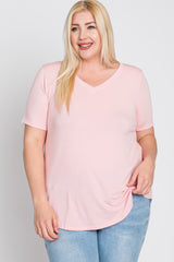 Light Pink V-Neck Round Hem Plus Top