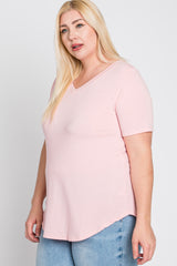 Light Pink V-Neck Round Hem Plus Top