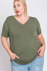 Light Olive V-Neck Round Hem Plus Top