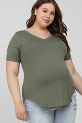 Light Olive V-Neck Round Hem Maternity Plus Top