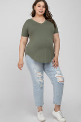 Light Olive V-Neck Round Hem Maternity Plus Top