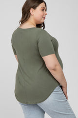 Light Olive V-Neck Round Hem Maternity Plus Top