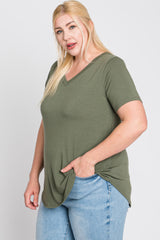 Light Olive V-Neck Round Hem Plus Top