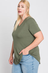 Light Olive V-Neck Round Hem Plus Top