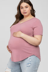 Mauve V-Neck Round Hem Maternity Plus Top