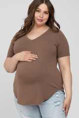 Mocha V-Neck Round Hem Maternity Plus Top