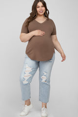 Mocha V-Neck Round Hem Maternity Plus Top