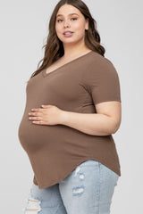 Mocha V-Neck Round Hem Maternity Plus Top