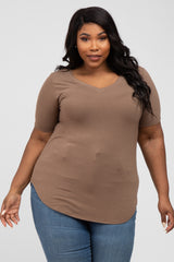 Mocha V-Neck Round Hem Maternity Plus Top