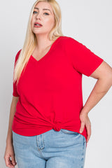 Red V-Neck Round Hem Plus Top