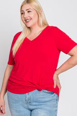 Red V-Neck Round Hem Plus Top