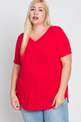 Red V-Neck Round Hem Plus Top