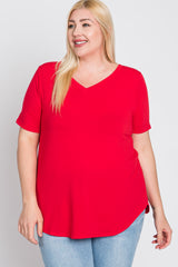 Red V-Neck Round Hem Plus Top