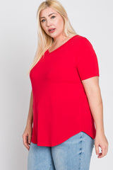 Red V-Neck Round Hem Plus Top