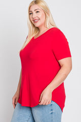 Red V-Neck Round Hem Plus Top