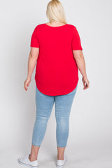 Red V-Neck Round Hem Plus Top