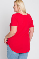 Red V-Neck Round Hem Plus Top