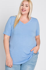 Light Blue V-Neck Round Hem Plus Top