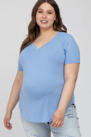 Light Blue V-Neck Round Hem Maternity Plus Top