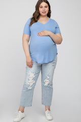 Light Blue V-Neck Round Hem Maternity Plus Top