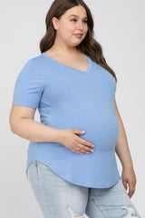 Light Blue V-Neck Round Hem Maternity Plus Top