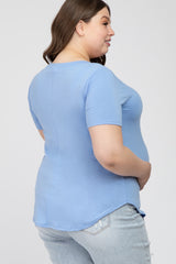 Light Blue V-Neck Round Hem Maternity Plus Top