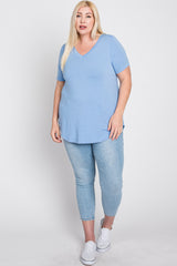 Light Blue V-Neck Round Hem Plus Top