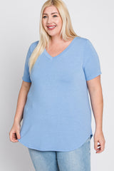 Light Blue V-Neck Round Hem Plus Top