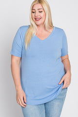 Light Blue V-Neck Round Hem Plus Top