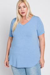 Light Blue V-Neck Round Hem Plus Top