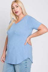 Light Blue V-Neck Round Hem Plus Top