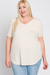 Beige V-Neck Round Hem Plus Top