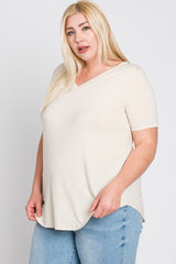 Beige V-Neck Round Hem Plus Top