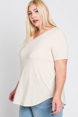 Beige V-Neck Round Hem Plus Top