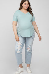 Mint Green V-Neck Round Hem Maternity Plus Top