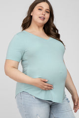 Mint Green V-Neck Round Hem Maternity Plus Top