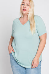 Mint Green V-Neck Round Hem Maternity Plus Top