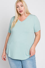 Mint Green V-Neck Round Hem Plus Top