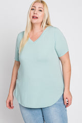 Mint Green V-Neck Round Hem Plus Top