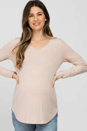 Light Beige Solid V-Neck Long Sleeve Maternity Top