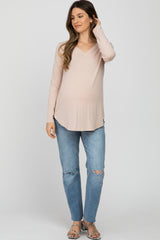 Light Beige Solid V-Neck Long Sleeve Maternity Top