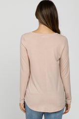 Light Beige Solid V-Neck Long Sleeve Maternity Top