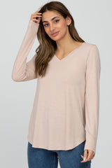 Light Beige Solid V-Neck Long Sleeve Maternity Top