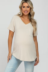 Beige V-Neck Front Pocket Short Sleeve Maternity Top