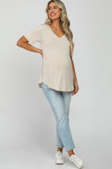 Beige V-Neck Front Pocket Short Sleeve Maternity Top