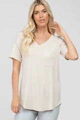 Beige V-Neck Front Pocket Short Sleeve Maternity Top