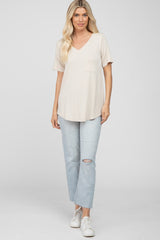 Beige V-Neck Front Pocket Short Sleeve Top