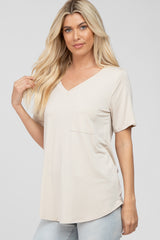 Beige V-Neck Front Pocket Short Sleeve Top